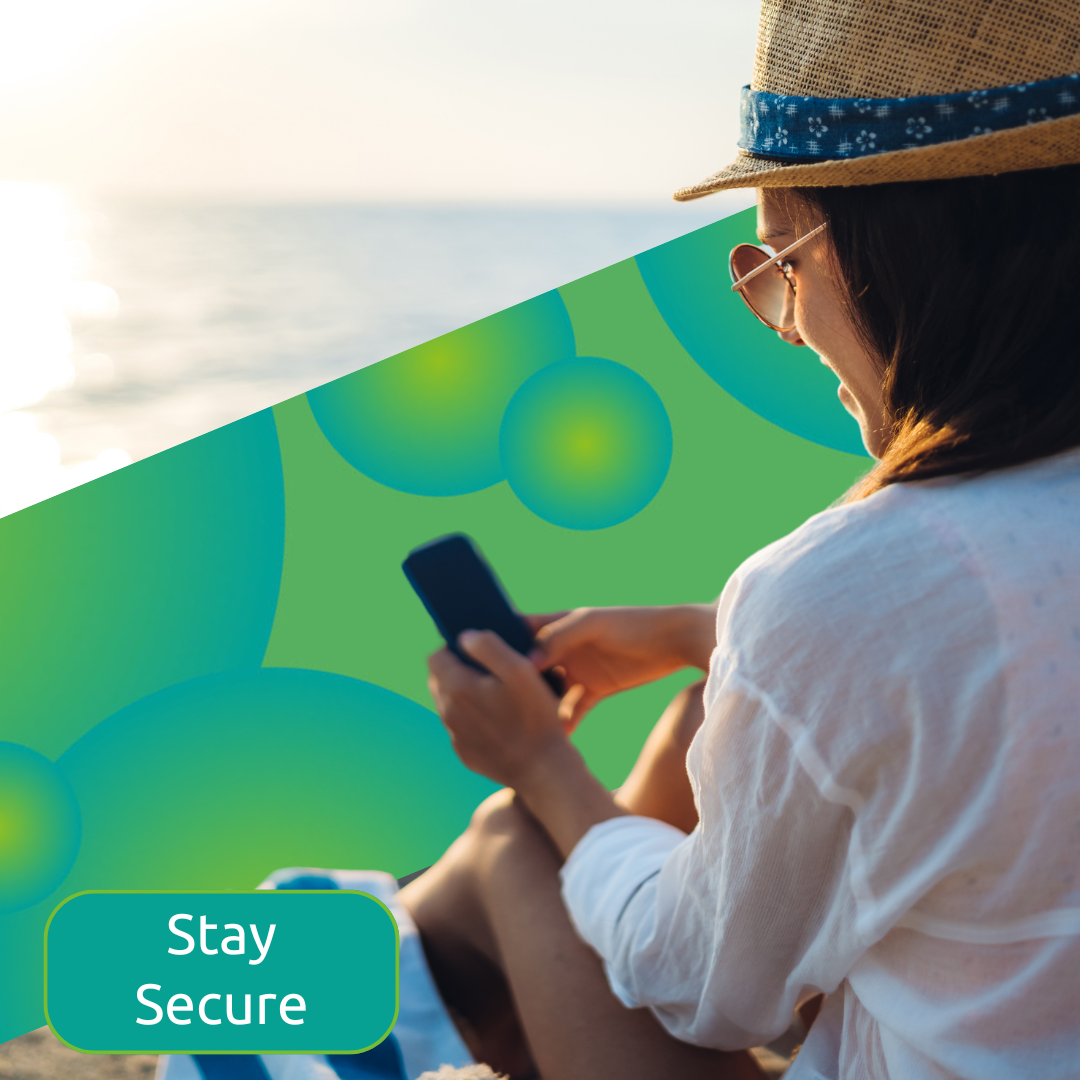 A woman looking at her phone. She feels safe an secure because she has a great eSIM data plan.